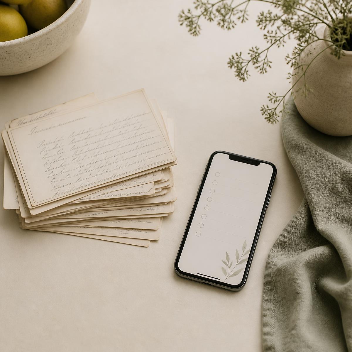 Recipe cards beside a phone showing a grocery list
